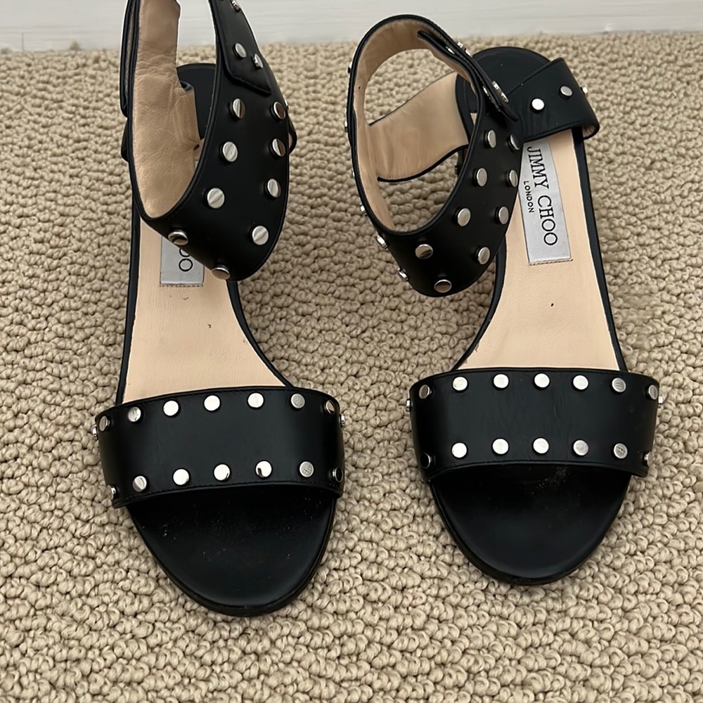 Jimmy Choo Black Leather with Silver Studs Open Toe Sandals/Heels